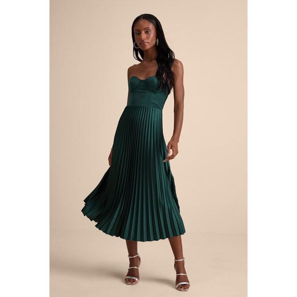Lulus Irelyn Dark Green Satin Bustier Midi Dress - Size S